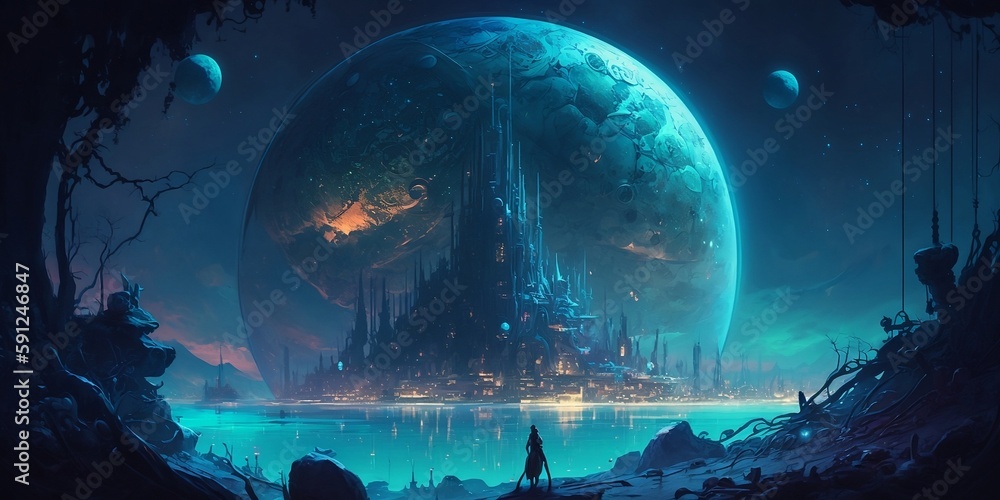 Wall mural water planet with blue city with blue moon background