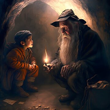 an old wizard giving advise to a teenager Zac Effron in a cave den realistic illustration 