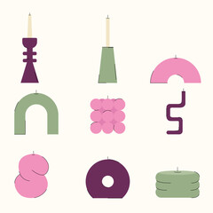 Set of modern home decor candles. Soy and paraffin candles in minimalist style. Vector illustration of objects set on one artboard.