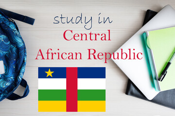 Study in Central African Republic. Background with notepad, laptop and backpack. Education concept.
