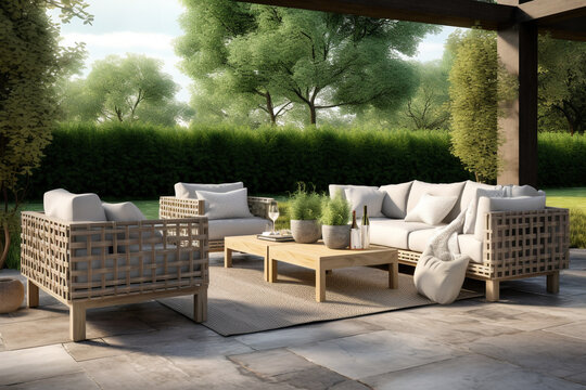 A patio with a large outdoor area and a large outdoor area with wicker furniture, ai generated