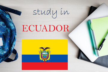 Study in Ecuador. Background with notepad, laptop and backpack. Education concept.