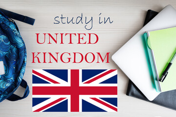 Study in United Kingdom. Background with notepad, laptop and backpack. Education concept.