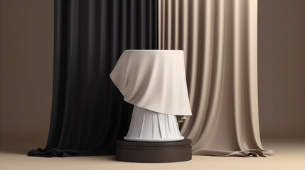 3D render of a pedestal with flying curtains in the background, made for cosmetic or product presentation. ai generative
