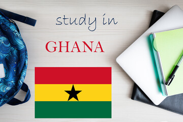 Study in Ghana. Background with notepad, laptop and backpack. Education concept.