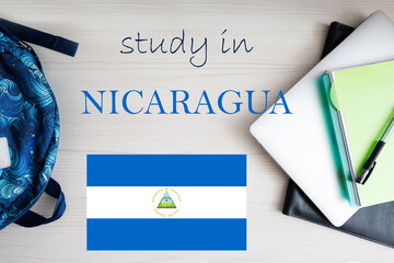 Study in Nicaragua. Background with notepad, laptop and backpack. Education concept.