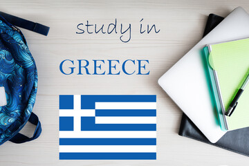 Study in Greece. Background with notepad, laptop and backpack. Education concept.