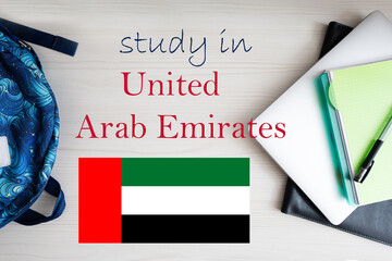 Study in United Arab Emirates. Background with notepad, laptop and backpack. Education concept.