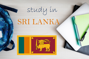 Study in Sri Lanka. Background with notepad, laptop and backpack. Education concept.