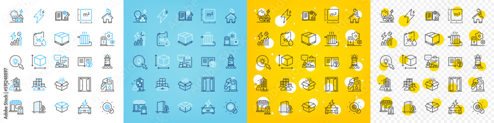Poster vector icons set of radiator, box size and petrol station line icons pack for web with square meter,