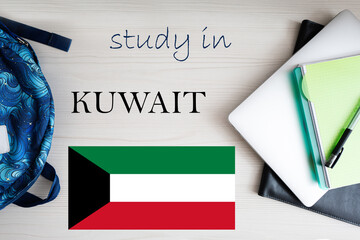 Study in Kuwait. Background with notepad, laptop and backpack. Education concept.
