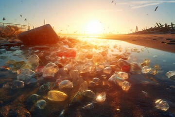 sea full with litter with a beautiful sunset. Generative Ai