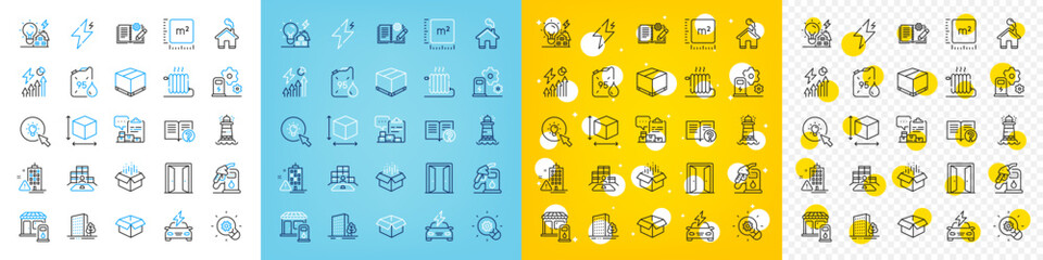 Vector icons set of Radiator, Box size and Petrol station line icons pack for web with Square meter, Opened box, Innovation outline icon. Home, Car charging, Lighthouse pictogram. Vector