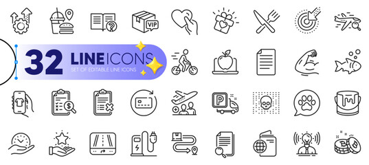 Outline set of Shop app, Targeting and Seo gear line icons for web with Gps, Delivery service, Food thin icon. Reject checklist, Pets care, Search flight pictogram icon. Renew card. Vector
