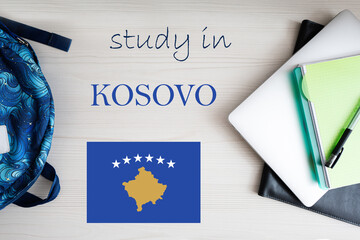 Study in Kosovo. Background with notepad, laptop and backpack. Education concept.