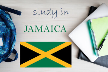 Study in Jamaica. Background with notepad, laptop and backpack. Education concept.