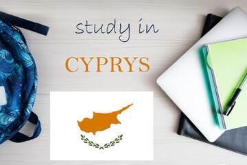 Study in Cyprys. Background with notepad, laptop and backpack. Education concept.