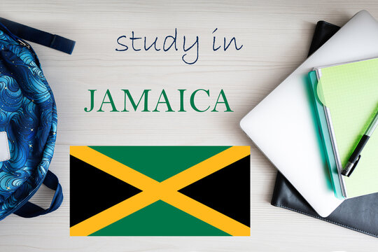 Study in Jamaica. Background with notepad, laptop and backpack. Education concept.