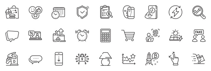 Icons pack as Seo devices, Food delivery and Like line icons for app include Scroll down, Computer fingerprint, Online loan outline thin icon web set. Analytics, Market sale. Vector