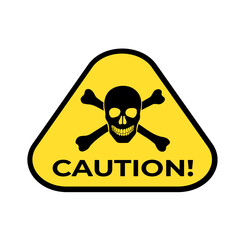 A skull in a black silhouette with crossed bones with the inscription CAUTION in a yellow triangle with a black outline on a square white background. Badges, individual elements. Vector illustration.