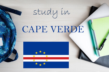 Study in Cape Verde. Background with notepad, laptop and backpack. Education concept.