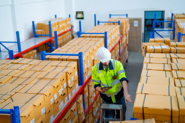 Fototapeta premium Higher view warehouse worker man stand on stair and hold tablet to check product on his left hand side and on shelves in workplace.