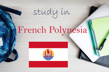 Study in French Polynesia. Background with notepad, laptop and backpack. Education concept.