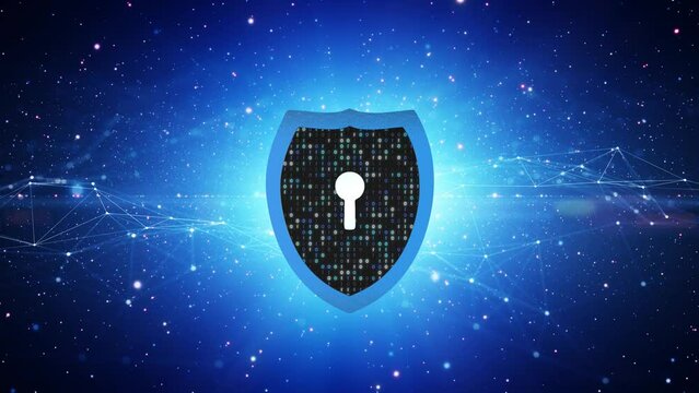 Digital tech 3d lock shield on a cyberspace network background. Loop animation.
