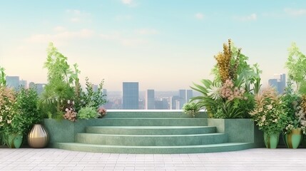 3D display podium. Rooftop garden 3D background, green terrace podium display with lush plants, flowers, and panoramic city views. Urban oasis setting for cosmetic product presentation. Generative ai.