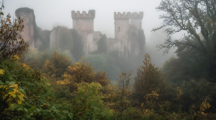 Ancient castle ruins, misty morning, mysterious atmosphere, generative AI
