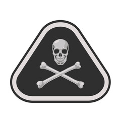 The skull is detailed in the style of realism with bones crossed over it on the background of a black triangle with a light gray outline on a square isolated white background. Icons, individual elemen