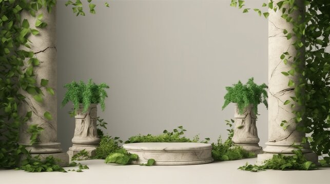 3D display podium. Ancient ruins 3D background, stone pedestal podium display with classical columns and ivy - covered walls. Timeless setting for cosmetic product presentation. Generative ai.