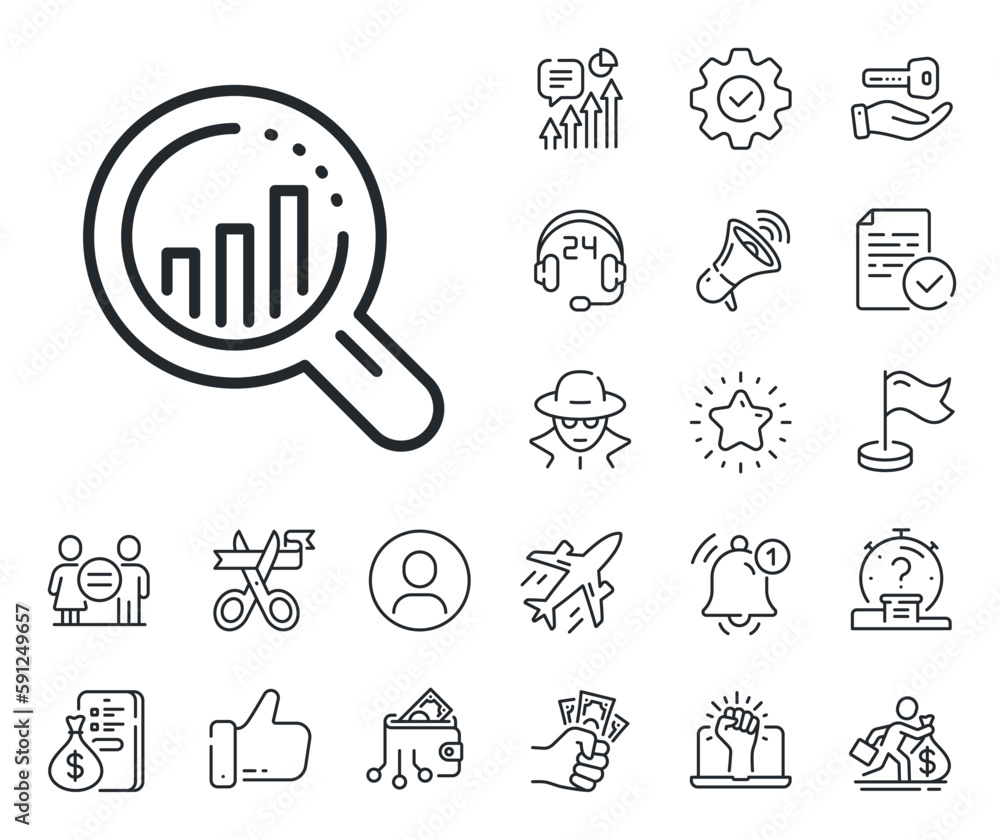 Poster web targeting chart sign. salaryman, gender equality and alert bell outline icons. seo analysis line