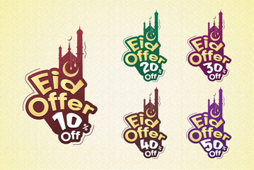 Eid Offer 10%, 20%, 30%, 40%, 50% Off tags. Sale badges template. Sale offer price sign. Special offer symbol. Discount promotion. Discount badge shape. Vector