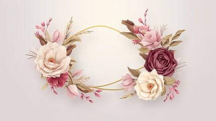 Fototapeta na wymiar Elegant oval flowers wreath with delicate pink flowers. With copy-space. Card, celebration, wedding, invitation, anniversary, Generative AI. 