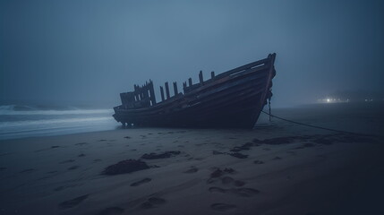 Gloomy shipwreck on the beach - obrazy, fototapety, plakaty