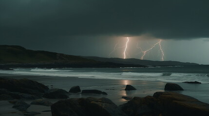 Lightning strikes over the ocean