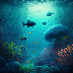 Fototapeta na wymiar Different fish breeds under the sea with corals and plants