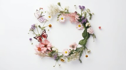 Fototapeta na wymiar delicate flowers, circle frame arrangement, wild floral wreath with butterflies, isolated object, wild flowers. Generative AI