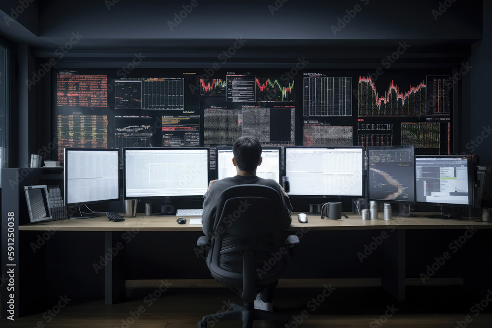Poster trader at workplace analising stock exchange graphs. generative ai
