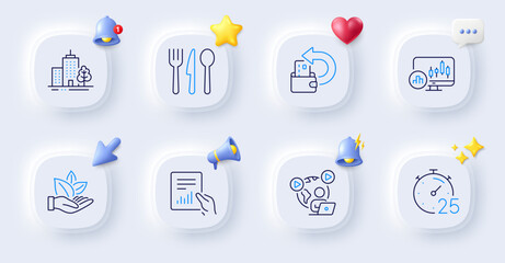 Cash back, Skyscraper buildings and Document line icons. Buttons with 3d bell, chat speech, cursor. Pack of Candlestick chart, Food, Organic product icon. Timer, Video conference pictogram. Vector