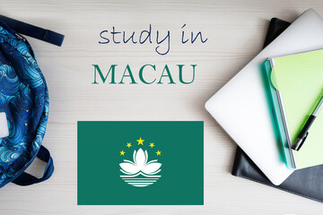Study in Macau. Background with notepad, laptop and backpack. Education concept.