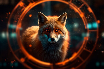 Fototapeta premium Red sly predatory fox looking at camera. Generative AI