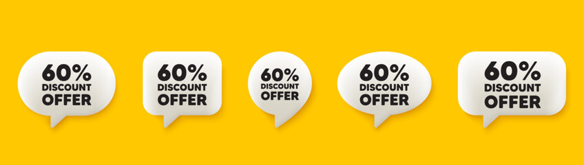 60 percent discount tag. 3d chat speech bubbles set. Sale offer price sign. Special offer symbol. Discount talk speech message. Talk box infographics. Vector