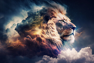 Lion coming out of the clouds. Generative AI.