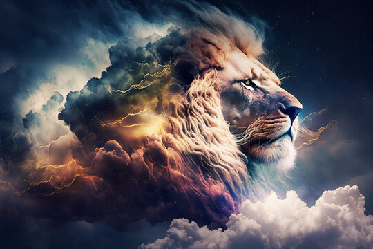 Lion coming out of the clouds. Generative AI.