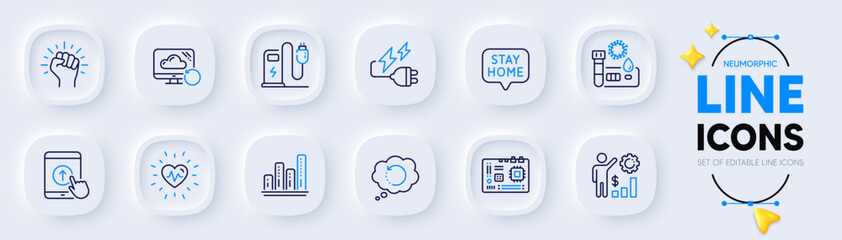 Recovery cloud, Graph chart and Covid test line icons for web app. Pack of Heartbeat, Swipe up, Motherboard pictogram icons. Employees wealth, Electricity plug, Recovery data signs. Vector