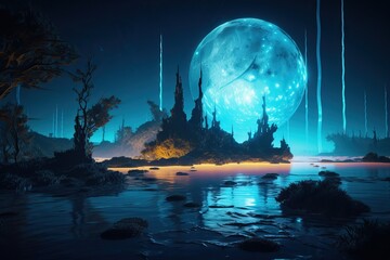 Fototapeta na wymiar Futuristic fantasy night landscape with abstract landscape and island, moonlight, radiance, moon, neon. AI generated