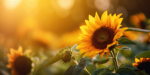 Naklejka premium Sunflower. Sunflowers field. Sunflower on a blurred summer nature background. Elegant Floral Background for greeting card for Birthday, Fathers Day, Mother's day. Generative ai illustration