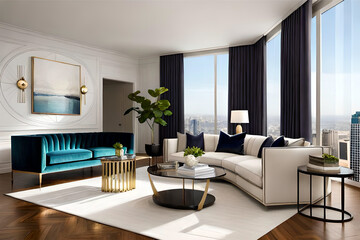 Naklejka na ściany i meble Interior design of a Hollywood glam living room that incorporates luxurious fabrics, metallic accents, and bold statement pieces | Generative AI